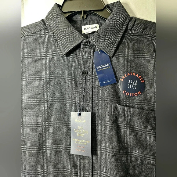 🛑 NWT Haggar Mens The Tuckless Shirt Black Gray Plaid Short Sleeve Button-up L - Picture 2 of 5